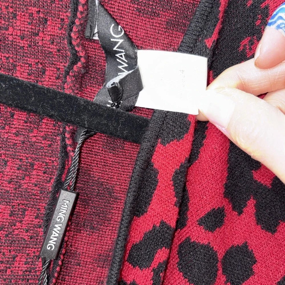 Ming Wang Red Black Leopard Patchwork Knit‎ Wrap Sweater Shawl One Size